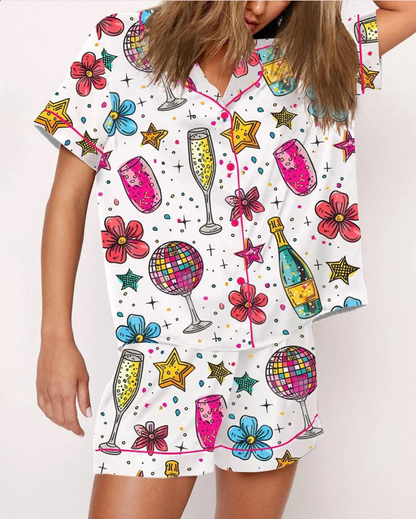 Cheers To The New Year Champagne Pajama Set, Champagne Pajama Outfit Satin, Cheers Christmas Gifts for Her Women Sleepwear Xmas