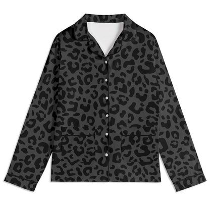 Black Leopard Pajama Set Unisex Long Sleeve Adult Nightwear for Her & Him Matching Black Cheetah Print Pajamas for Couple Gift Safari Animal