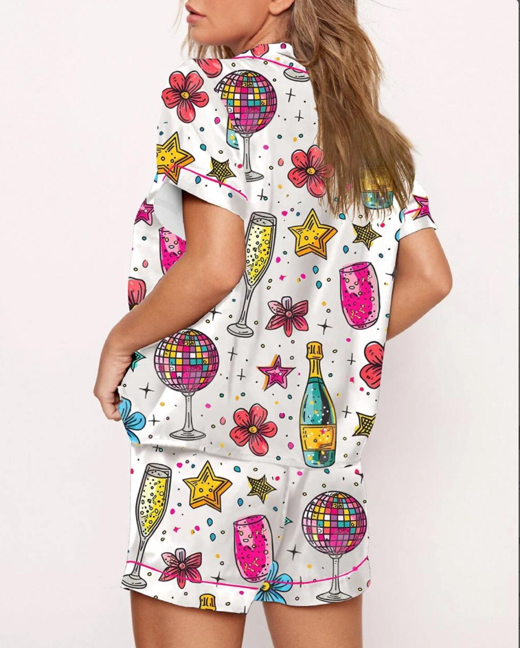 Cheers To The New Year Champagne Pajama Set, Champagne Pajama Outfit Satin, Cheers Christmas Gifts for Her Women Sleepwear Xmas