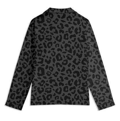 Black Leopard Pajama Set Unisex Long Sleeve Adult Nightwear for Her & Him Matching Black Cheetah Print Pajamas for Couple Gift Safari Animal
