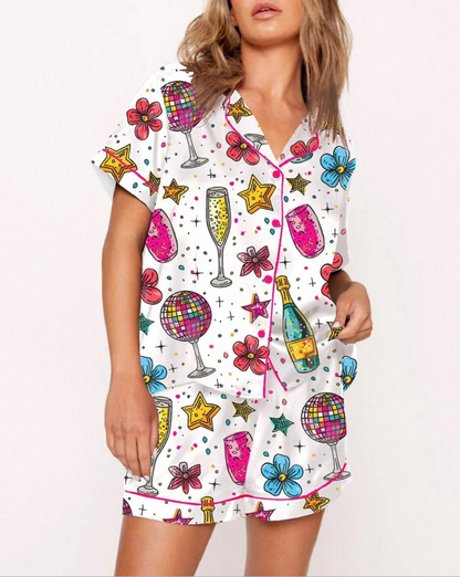 Cheers To The New Year Champagne Pajama Set, Champagne Pajama Outfit Satin, Cheers Christmas Gifts for Her Women Sleepwear Xmas