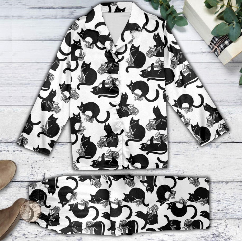 Black Cat Saxophone Pajamas Set, Music Lover Loungewear