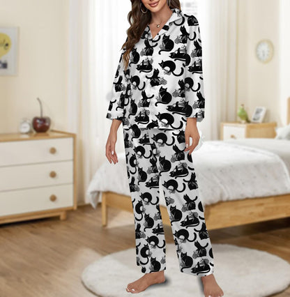 Black Cat Saxophone Pajamas Set, Music Lover Loungewear