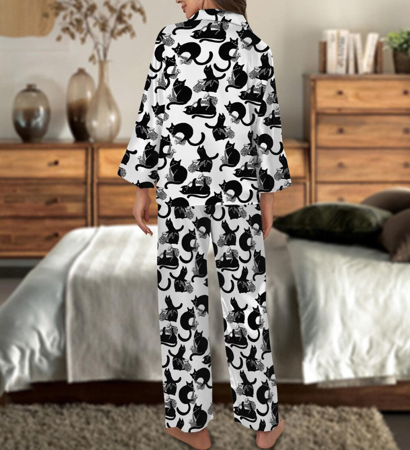 Black Cat Saxophone Pajamas Set, Music Lover Loungewear