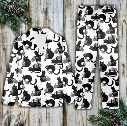 Black Cat Saxophone Pajamas Set, Music Lover Loungewear