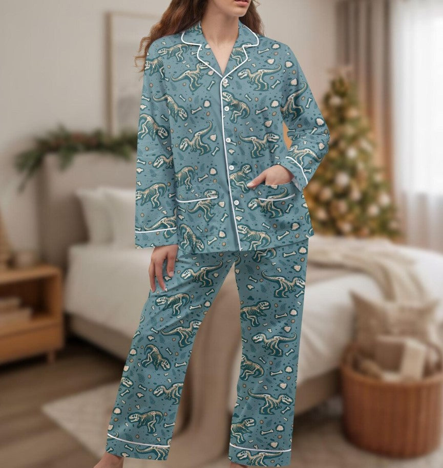 Dinosaur Long Thick PJs Set, Fossil Print Thick Pajamas, Kids Long Pajama Set, Dinosaur Pajamas, Gift for Dino Fan