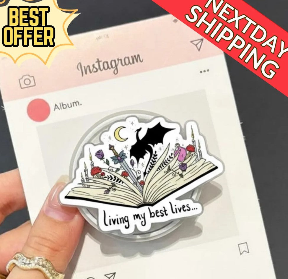 Living My Best Lives Book Magnetic Phone Grip – Fantasy Reader GripTok, Bookish Gift for Kindle & iPhone, Magsafe Phone Stand