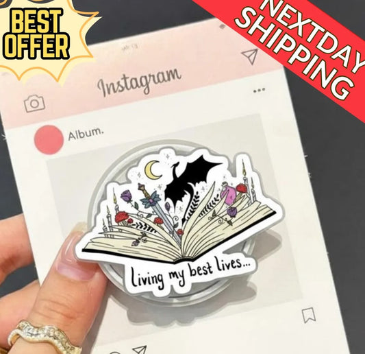 Living My Best Lives Book Magnetic Phone Grip – Fantasy Reader GripTok, Bookish Gift for Kindle & iPhone, Magsafe Phone Stand