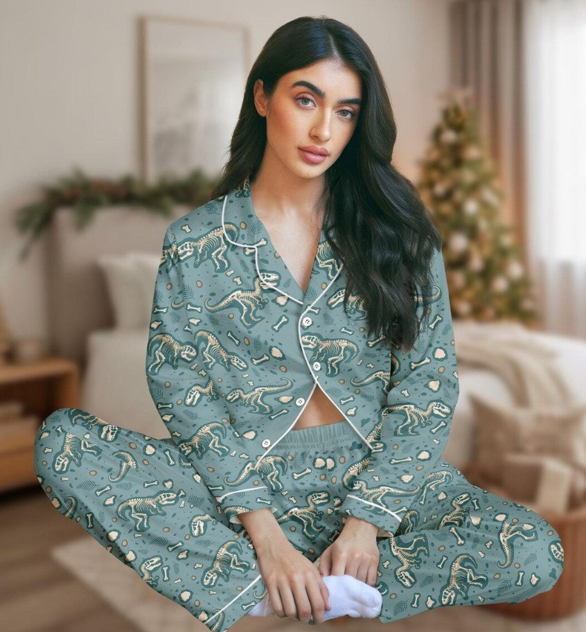 Dinosaur Long Thick PJs Set, Fossil Print Thick Pajamas, Kids Long Pajama Set, Dinosaur Pajamas, Gift for Dino Fan