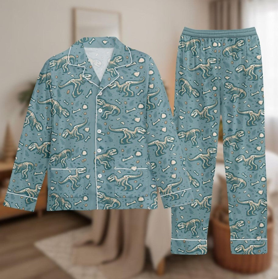 Dinosaur Long Thick PJs Set, Fossil Print Thick Pajamas, Kids Long Pajama Set, Dinosaur Pajamas, Gift for Dino Fan
