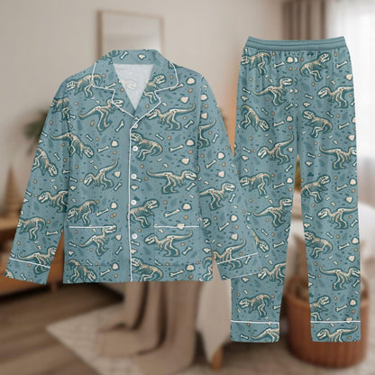 Dinosaur Long Thick PJs Set, Fossil Print Thick Pajamas, Kids Long Pajama Set, Dinosaur Pajamas, Gift for Dino Fan