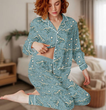 Dinosaur Long Thick PJs Set, Fossil Print Thick Pajamas, Kids Long Pajama Set, Dinosaur Pajamas, Gift for Dino Fan