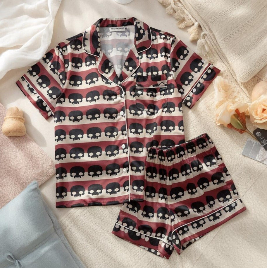 Black Skull Satin Pajamas Set, Halloween Pajamas Set, Skull Pajamas, Mystical Pajamas, Vintage Halloween Pajamas, Family Matching Pajamas