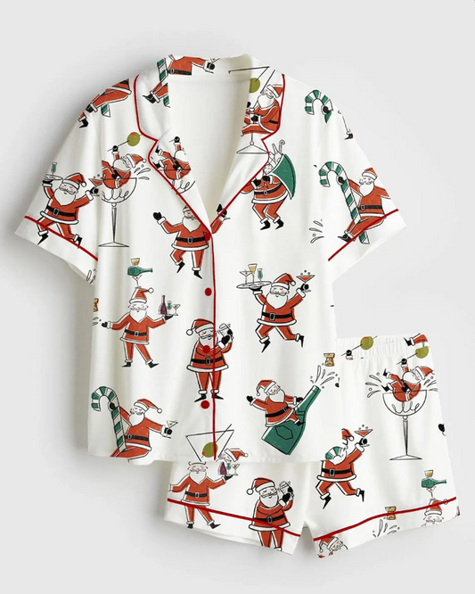 Santa Martini Satin Pajamas – Women’s Mid Century Modern Christmas Cocktail PJs, Holiday Gift for Her, Satin Pajamas, Pajamas as Gifts
