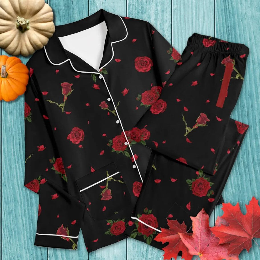 Black Rose Pajama Sets | Gothic Flower Pyjamas, Emo Girls Nightwear, Cotton Teens Loungewear, Dark Jammies Set, Victorian Goth Pajama Gifts