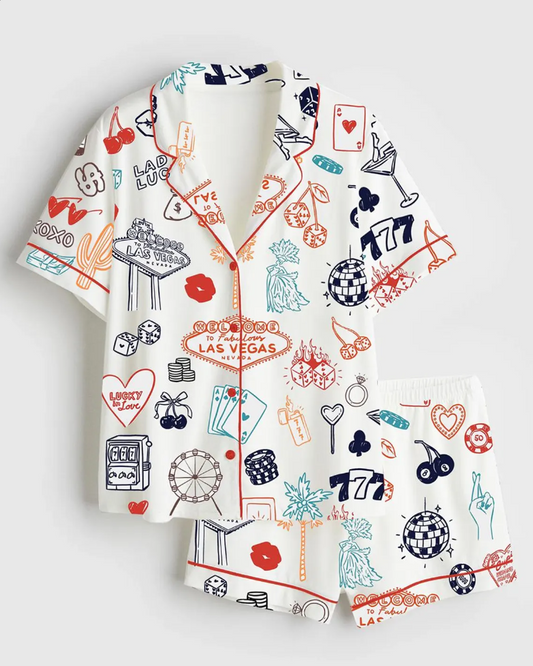 Las Vegas Wedding Casino Party Short Sleeve Satin Pajama Set, Family Pajamas Satin Set, Gift For Wedding Casino, Christmas Shirt Las Vegas