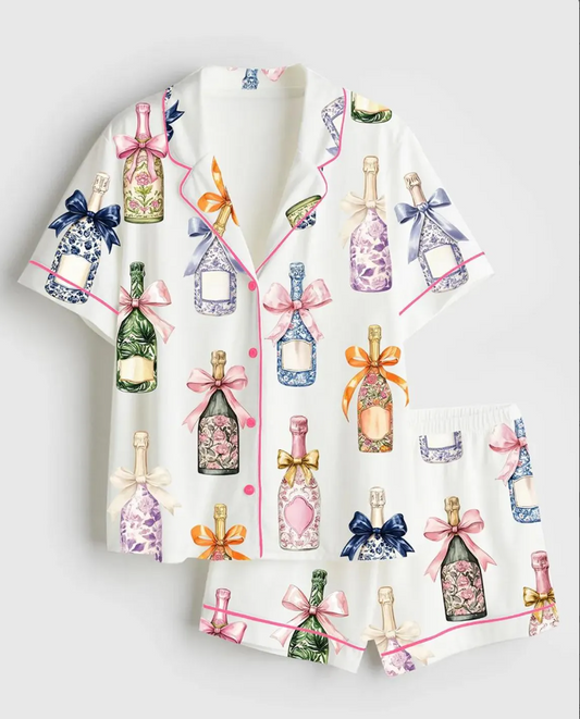 Champagne And Bows Wedding Short Sleeve Satin Pajama Set, Wedding Party Satin Pajama, Christmas Party Wedding Women Champagne Bows Gifts (Copy)