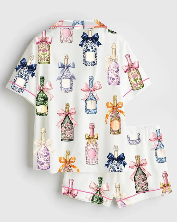 Champagne And Bows Wedding Short Sleeve Satin Pajama Set, Wedding Party Satin Pajama, Christmas Party Wedding Women Champagne Bows Gifts