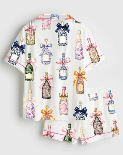 Champagne And Bows Wedding Short Sleeve Satin Pajama Set, Wedding Party Satin Pajama, Christmas Party Wedding Women Champagne Bows Gifts