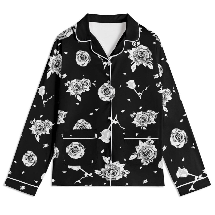 Black Roses Unisex Pajama Set | Edgy Floral Nightwear, Goth Flower Pyjamas, Monochrome Loungewear, Dark Emo Jammies, White Roses Print PJs
