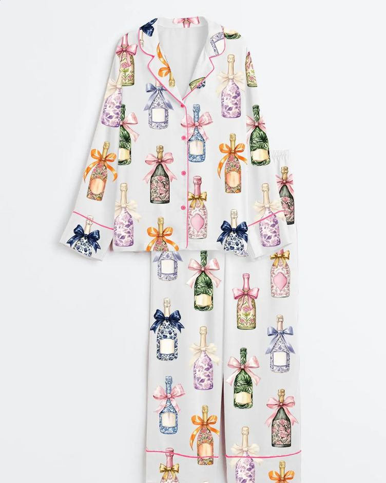 Champagne And Bows Wedding Short Sleeve Satin Pajama Set, Wedding Party Satin Pajama, Christmas Party Wedding Women Champagne Bows Gifts