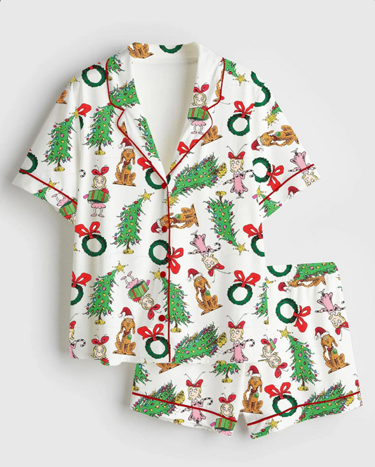 Christmas Grinch You're A Mean One Satin Pajama Set, Soft Sleepwear Grinchxmas Pajamas, Mean On Funny Santa Claus Gifts for Her