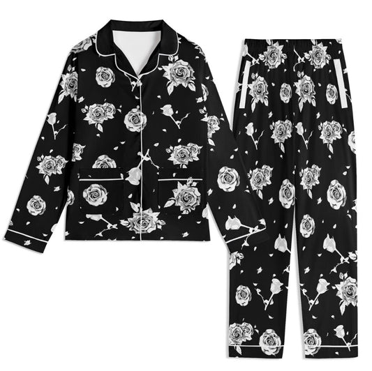 Black Roses Unisex Pajama Set | Edgy Floral Nightwear, Goth Flower Pyjamas, Monochrome Loungewear, Dark Emo Jammies, White Roses Print PJs