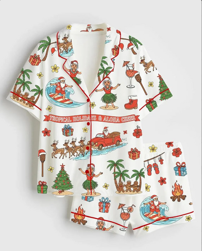 Tropical Christmas Santa Hawaiian Aloha Holiday Satin Family Pajama Set, Tropical Party Pajamas Holiday Sleepwear, Nightwear Gifts For Her