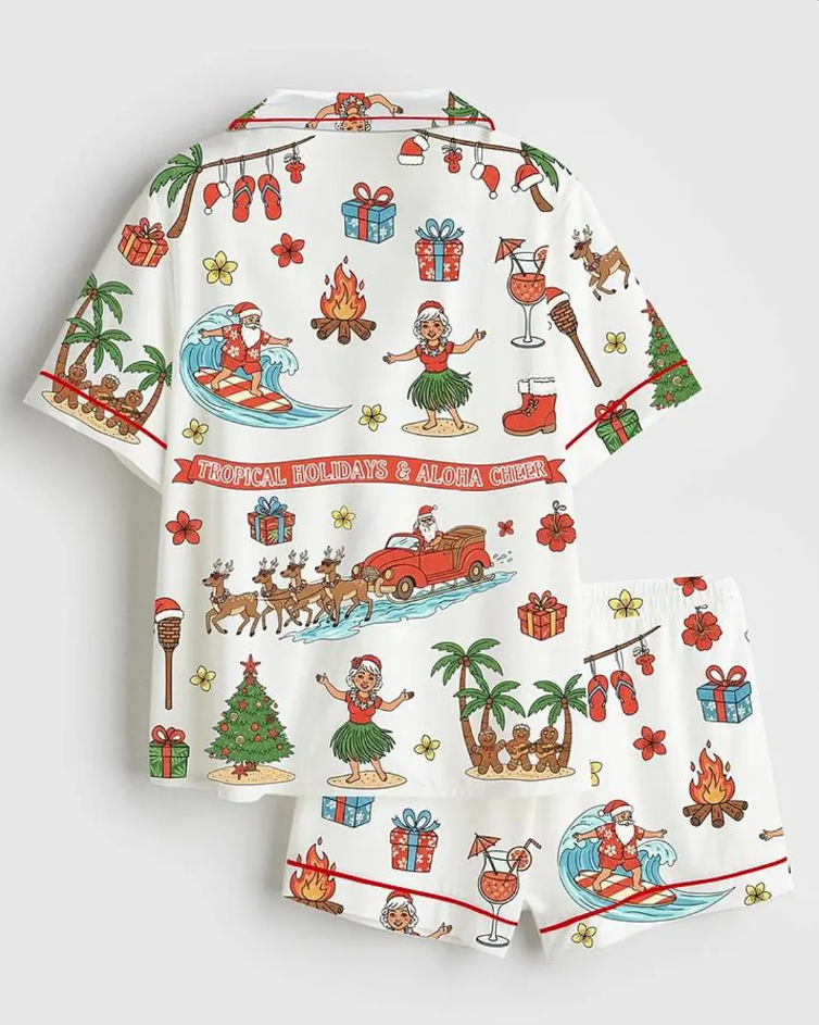 Tropical Christmas Santa Hawaiian Aloha Holiday Satin Family Pajama Set, Tropical Party Pajamas Holiday Sleepwear, Nightwear Gifts For Her