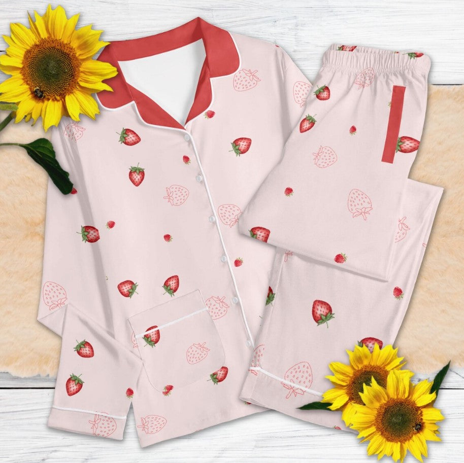 Cute Strawberry Pajama Sets | Spring Vibe Pjs, Kawaii Girls Nightwear, Teens Loungewear, Cute Jammies Set, Coquette Girls Pajama Gifts