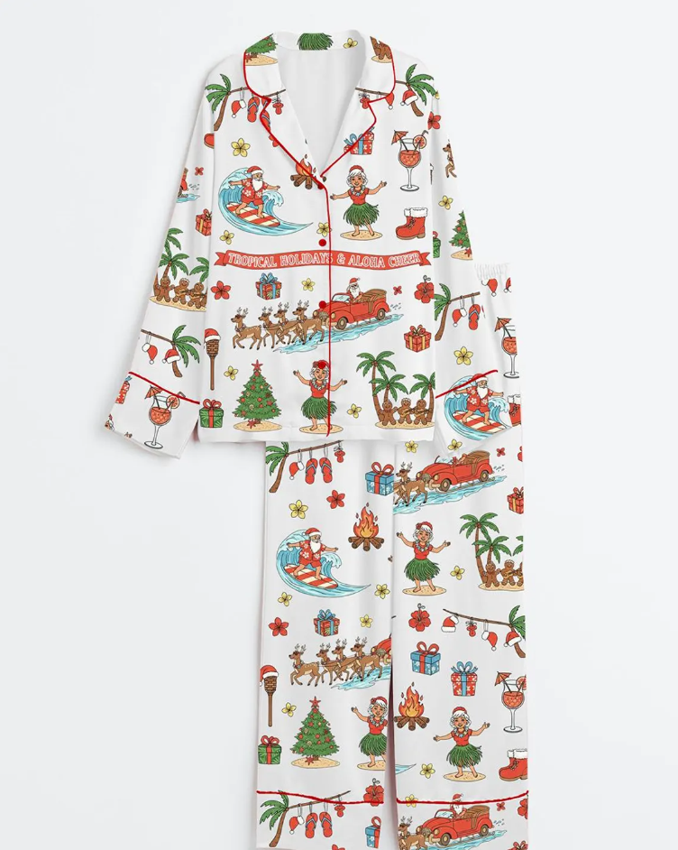 Tropical Christmas Santa Hawaiian Aloha Holiday Satin Family Pajama Set, Tropical Party Pajamas Holiday Sleepwear, Nightwear Gifts For Her