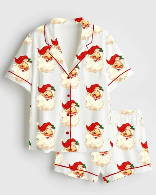 Women’s Merry And Bright Vintage Santa Christmas Retro Santa Claus Christmas Family Short Sleeve Satin Pajama Set, Pajama Nightwear