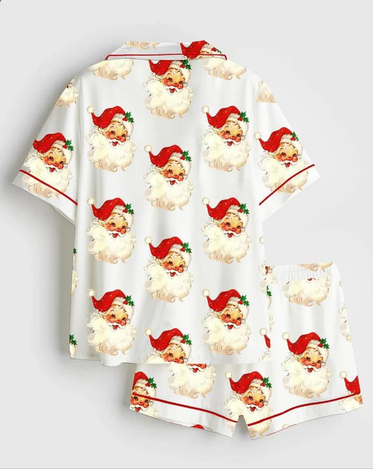Women’s Merry And Bright Vintage Santa Christmas Retro Santa Claus Christmas Family Short Sleeve Satin Pajama Set, Pajama Nightwear