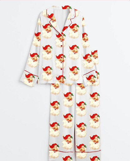 Women’s Merry And Bright Vintage Santa Christmas Retro Santa Claus Christmas Family Short Sleeve Satin Pajama Set, Pajama Nightwear