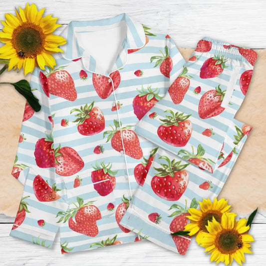 Summer Strawberry Pajama Set | Fruit Print Loungewear, Spring Stripes Pyjamas, Matching Girls Nightwear, Cute Bsf Jammies, Spring Summer Pjs