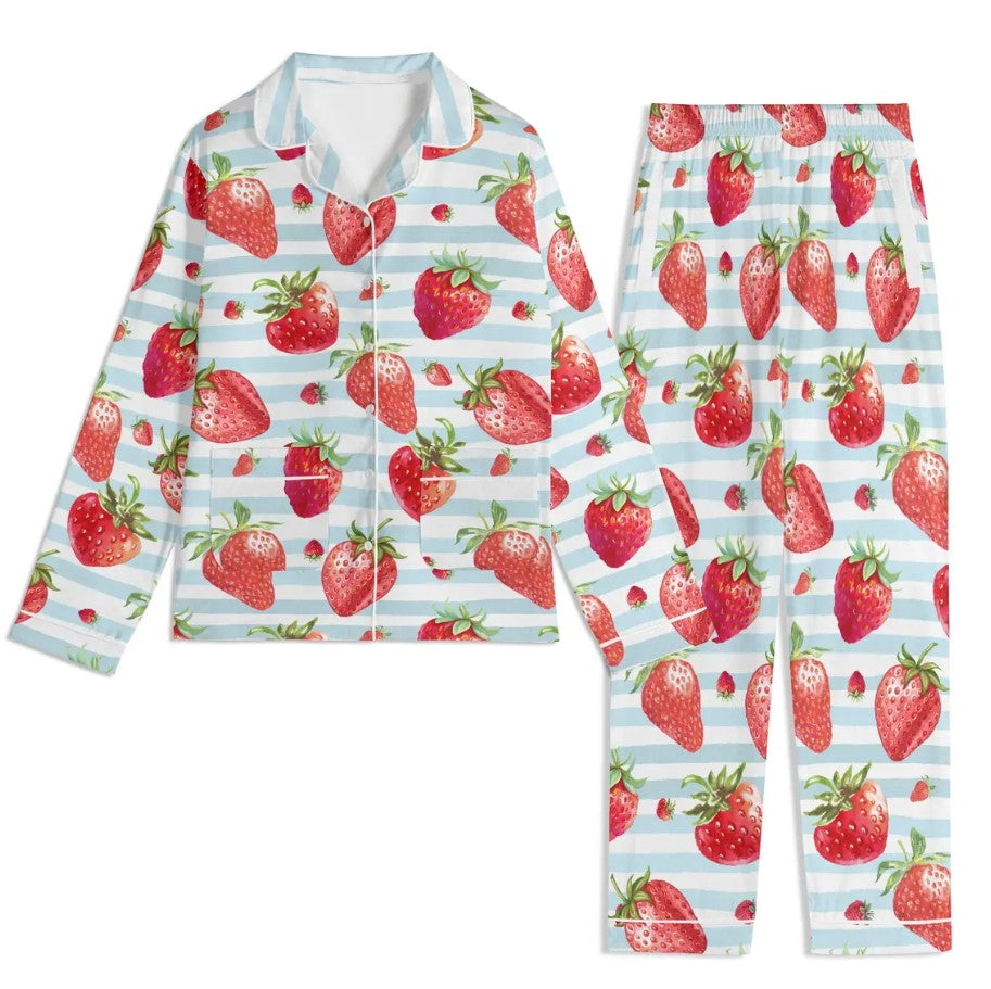 Summer Strawberry Pajama Set | Fruit Print Loungewear, Spring Stripes Pyjamas, Matching Girls Nightwear, Cute Bsf Jammies, Spring Summer Pjs