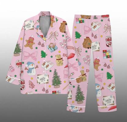 Merry Christmas 2025 Cookies and Gift Satin Pajama Set Pink, Xmas Santa Thanksgiving Sleepwear, Holiday Gifts Set For Friends