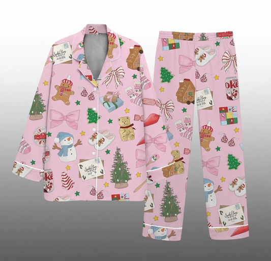 Merry Christmas 2025 Cookies and Gift Satin Pajama Set Pink, Xmas Santa Thanksgiving Sleepwear, Holiday Gifts Set For Friends