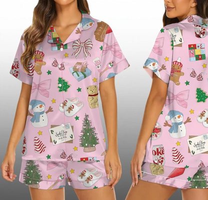 Merry Christmas 2025 Cookies and Gift Satin Pajama Set Pink, Xmas Santa Thanksgiving Sleepwear, Holiday Gifts Set For Friends