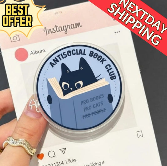 Antisocial Book Club Magnetic Phone Grip: Cute Cat Reader Phone Stand for Book Lovers, Funny Bookish Phone Holder, Gift for Cat Lovers