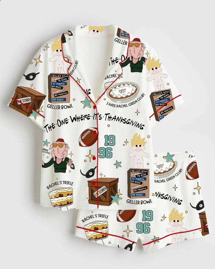 Merry Christmas The One Where It's Thanksgiving Friends Turkey Satin Pajama Set, Xmas Santa Thanksgiving Sleepwear, Gifts Set For Friends