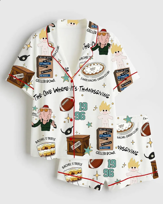 Merry Christmas The One Where It's Thanksgiving Friends Turkey Satin Pajama Set, Xmas Santa Thanksgiving Sleepwear, Gifts Set For Friends
