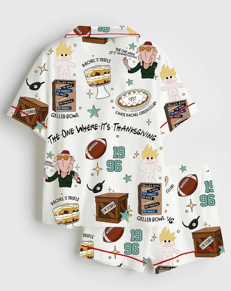 Merry Christmas The One Where It's Thanksgiving Friends Turkey Satin Pajama Set, Xmas Santa Thanksgiving Sleepwear, Gifts Set For Friends