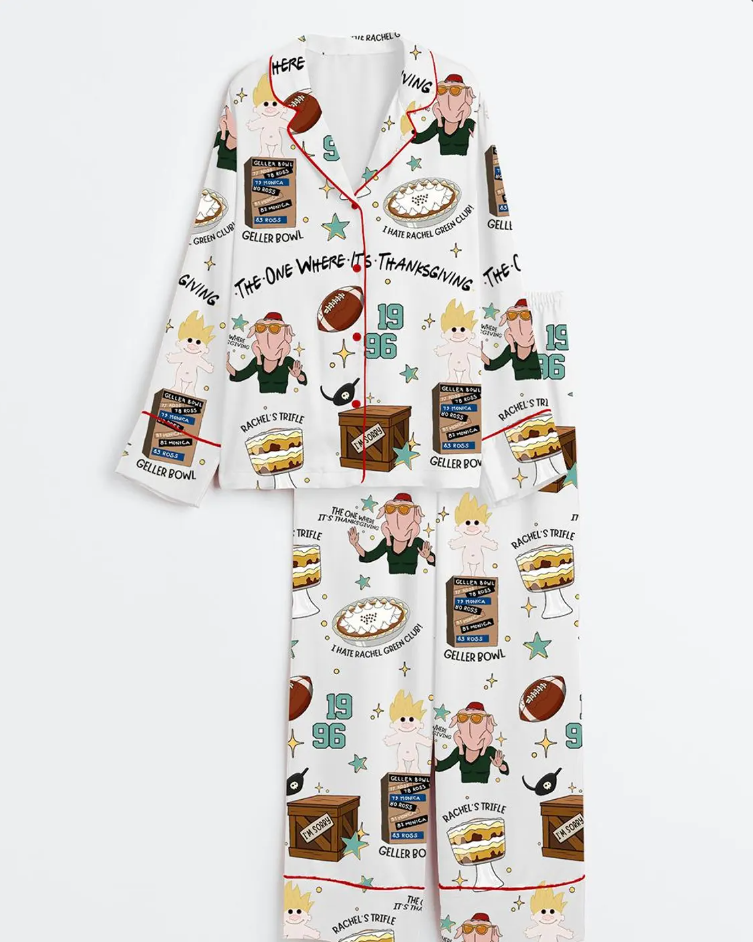 Merry Christmas The One Where It's Thanksgiving Friends Turkey Satin Pajama Set, Xmas Santa Thanksgiving Sleepwear, Gifts Set For Friends