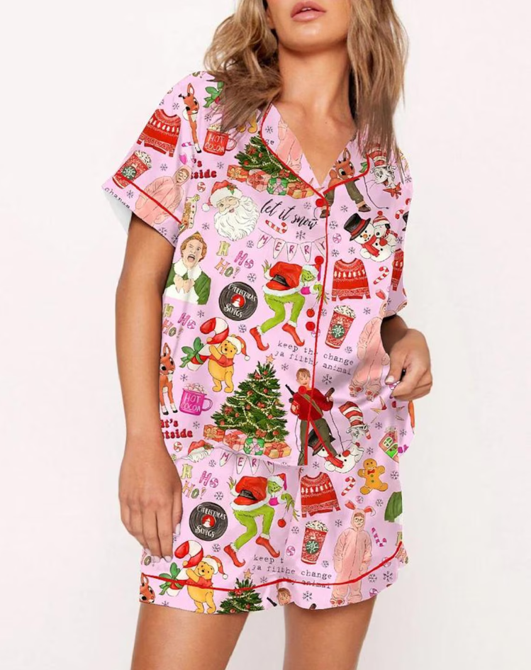 Merry Christmas Grinch Movie Pajama Set, Xmas Santa Grinchmas Sleepwear Satin, Grinch Santa Pajamas Gifts Set For Her Outfit