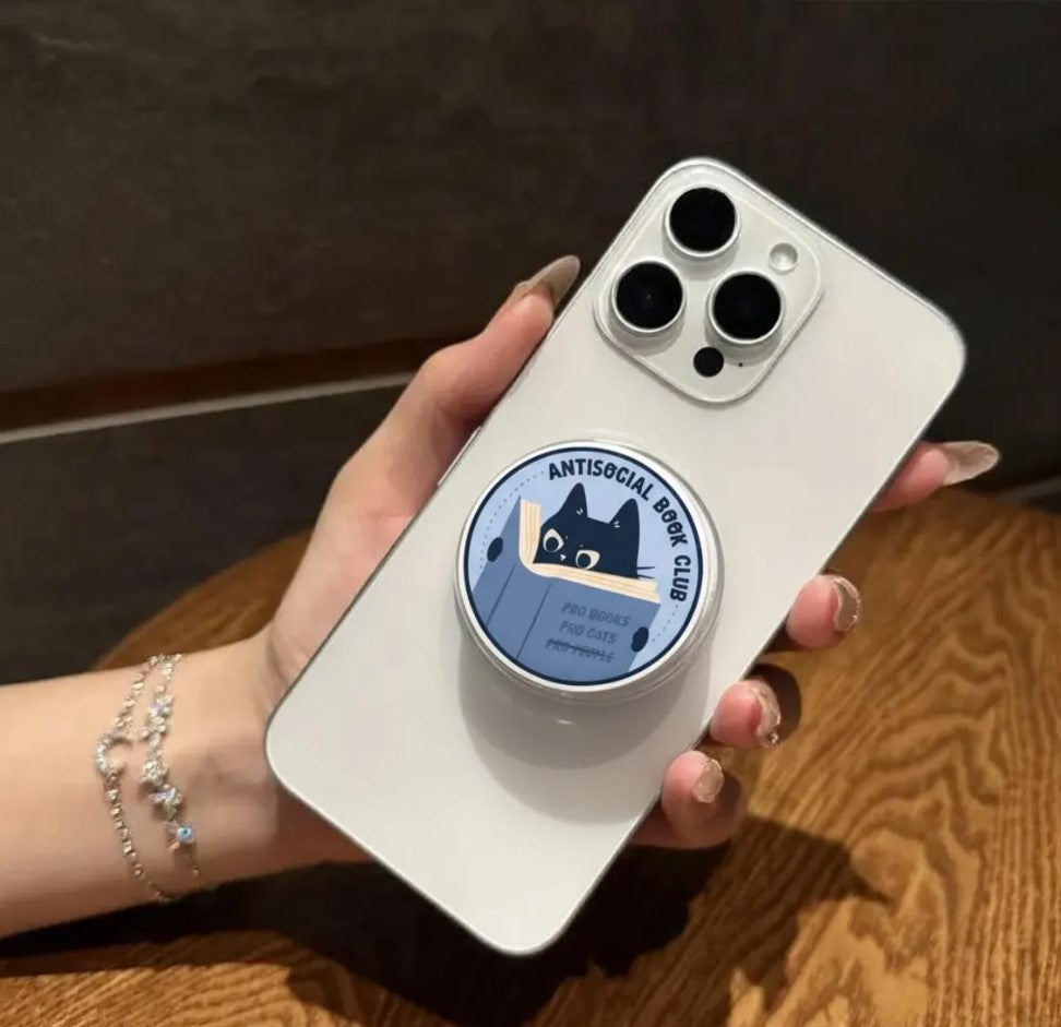Antisocial Book Club Magnetic Phone Grip: Cute Cat Reader Phone Stand for Book Lovers, Funny Bookish Phone Holder, Gift for Cat Lovers