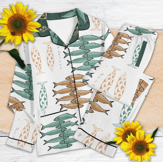 Ocean Sardines Pajama Set | Nautical Fish Pajama, Fishermen-core Loungewear, Coastal Aesthetic PJs, Anchovies Print Pjs, Resort Chic Jammies