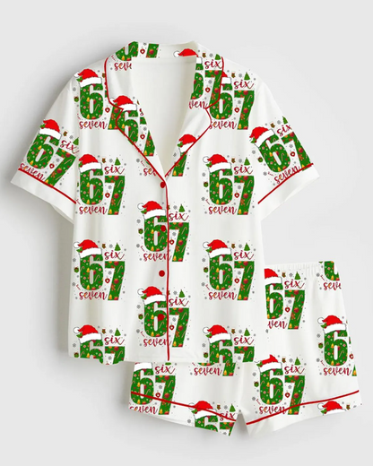 67 Meme Six Seven Christmas Trendy Holiday Satin Pajama Set, Funny Mean Guy 67 Xmas Satin Pajama Set, Soft Sleepwear 76, Gifts for Her Women