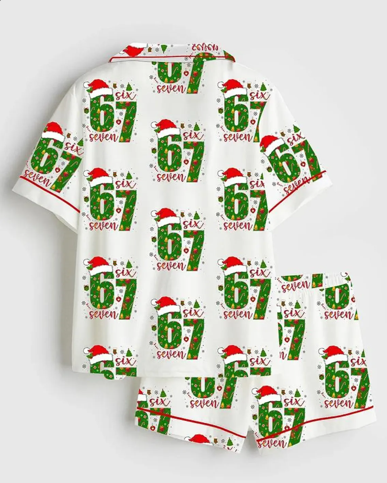 67 Meme Six Seven Christmas Trendy Holiday Satin Pajama Set, Funny Mean Guy 67 Xmas Satin Pajama Set, Soft Sleepwear 76, Gifts for Her Women