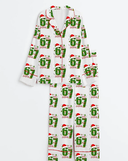 67 Meme Six Seven Christmas Trendy Holiday Satin Pajama Set, Funny Mean Guy 67 Xmas Satin Pajama Set, Soft Sleepwear 76, Gifts for Her Women